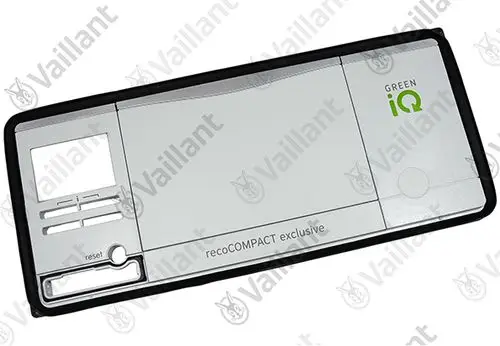 Vaillant Gehäuse mit Display, in silberner und schwarzer Ausführung, zeigt Bedienelemente und eine Reset-Taste. Ideal für Heizungssteuerung.